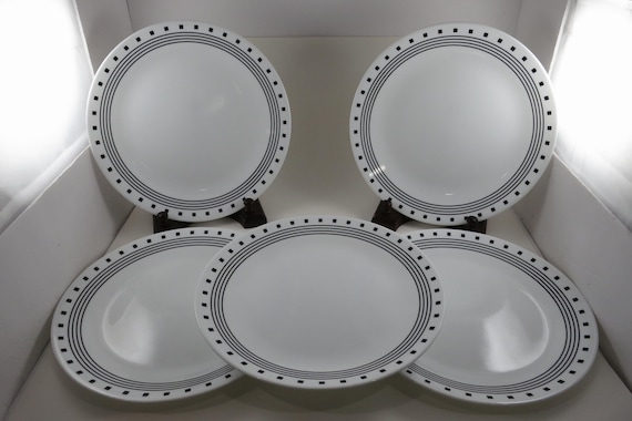 Vintage Corelle City Block Dinner Plates - Black & White Set of 5