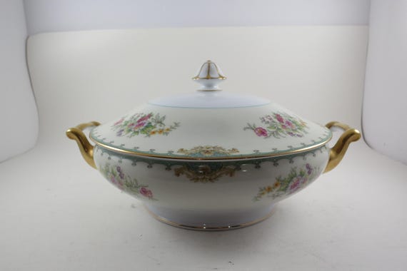 Vintage Noritake China Florola Pattern Tureen: Teal Green Floral Border, Circa 1940s