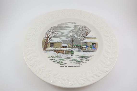 Beautiful MCM Adams China Currier & Ives Engraved 10 1/2 Inch Dinner Plates Home to Thanksgiving Excellent Condition 5 Available