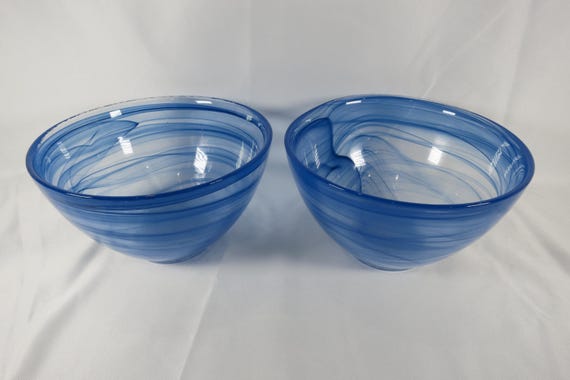 Matching Pair of Artistic Accents Swirl Glass Bowls Dark & Light Blue Pattern