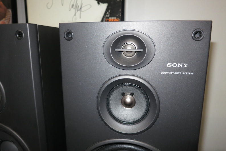May include: A pair of black Sony 3-way speaker systems. Each speaker has three circular components and the word "SONY" and "3 WAY SPEAKER SYSTEM" are printed on the front.