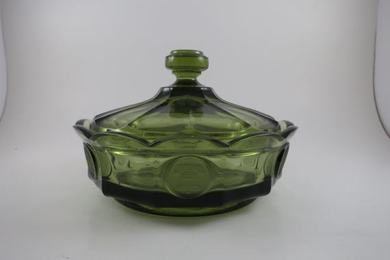 Vintage Fostoria Green Glass Lidded Coin Dish Candy Bowl