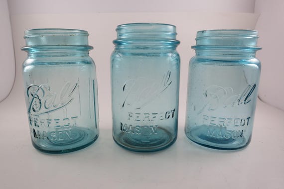 Aqua Ball Mason Pint Jars: Embossed Glass, One Ribbed - Set of 3