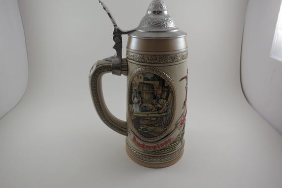 Vintage 1987 Budweiser Stein F Series Lidded Beer Stein Transportation Number 16452 9 1/4 Inches Tall Excellent Condition