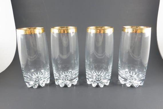 Set of 4 Circleware Crystal Highball Tumblers Parisian Pattern 24K Gold Rims