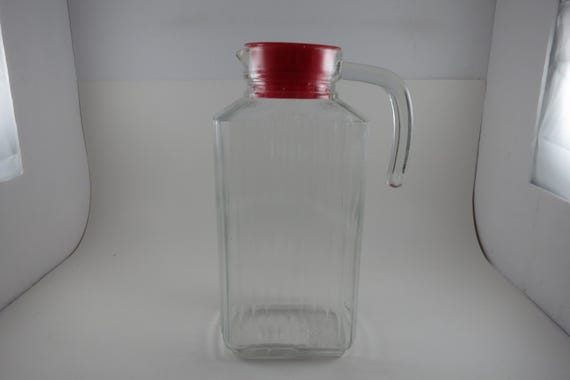 Vintage ARC France Ribbed Glass Juice Jar with Red Lid (1 Liter)