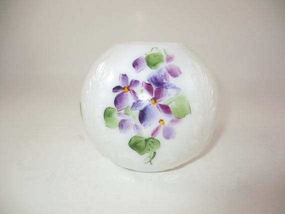 Beautiful Vintage Consolidated Milk Glass Embossed Purple Floral Bowl Textured Hand Painted Artist Signed
