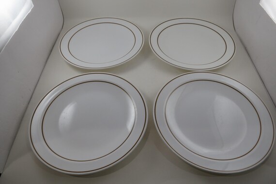 Set of Four Pyroceram Corning Corelle Gold Edge 9 3/4 Inch Dinner Plates