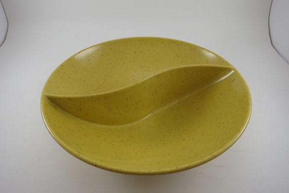 Vintage MCM Holiday By Kenro Melamine Divided Bowl Yellow Speckle