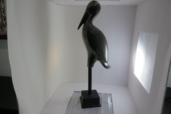 Beautiful Large Unbranded Crane Bird Statue Figure 22 Inches Tall Square Base Metallic Light Weight