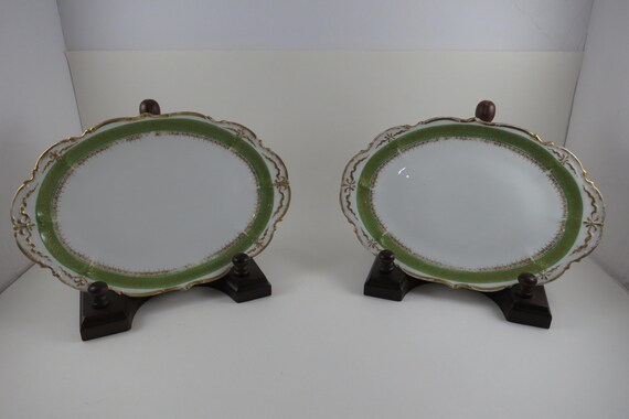 Vintage Charles Field Haviland Limoges Pair of Small Oval Trays Green & Gold