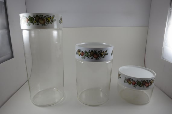 1970's Corning Spice O Life Pattern 3 Piece Glass Canister Set
