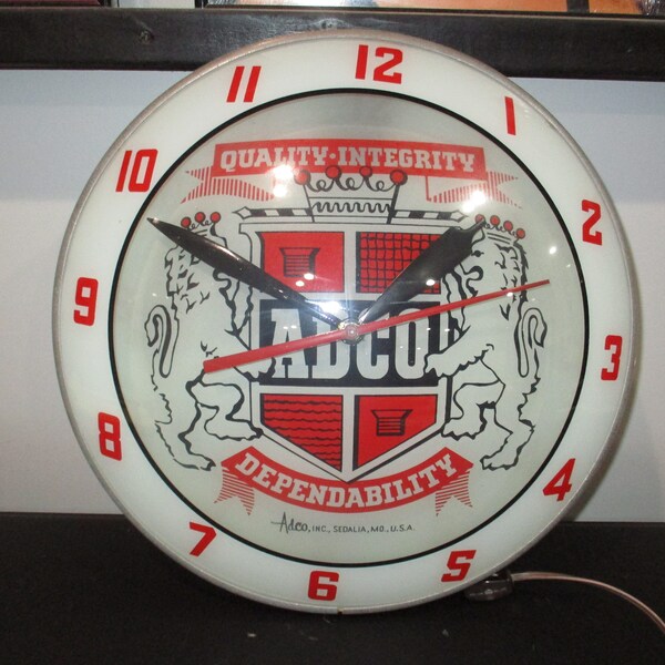 Beautiful 1960's ADCO Distributors Bubble Glass Electronic Lighted Wall Clock 15 Inches Works Perfect Sedalia MO Free Shipping