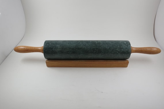 Antique Green Marble Rolling Pin with Wooden Stand