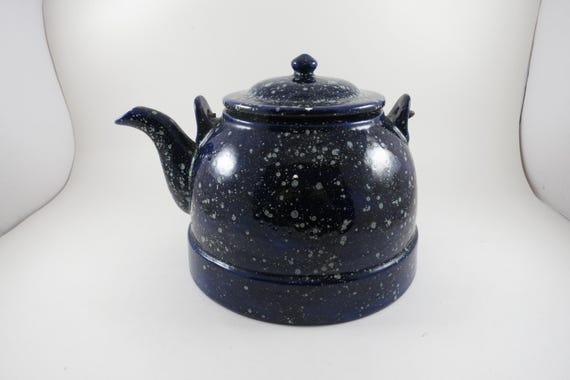 Blue Speckled Ceramic Teapot with Lid and Wire Handle