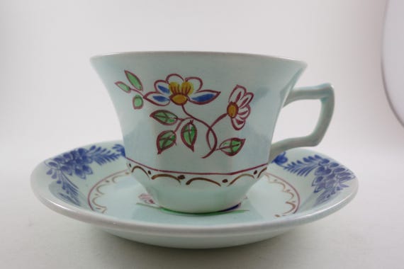 Vintage Adams China Calyx Ware 2413 Cup and Saucer Set Hand Painted Blue