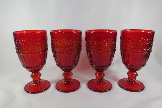 Vintage Fitz & Floyd Pressed Glass Ruby Red Water Goblets Set of 4