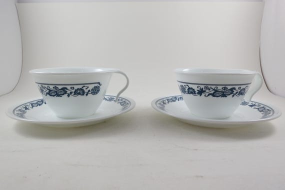 Vintage Corelle Old Town Blue Cup and Saucer Sets (Pair)