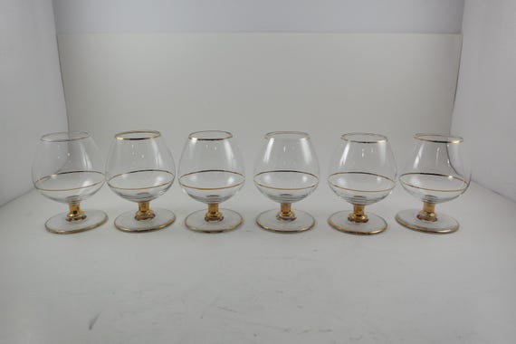 Set of Six Vintage French Cognac Glasses Brandy Sniffers Triple Gold Trim Very Good Condition