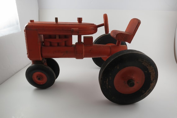 Vintage Handmade Orange Wooden Tractor Toy