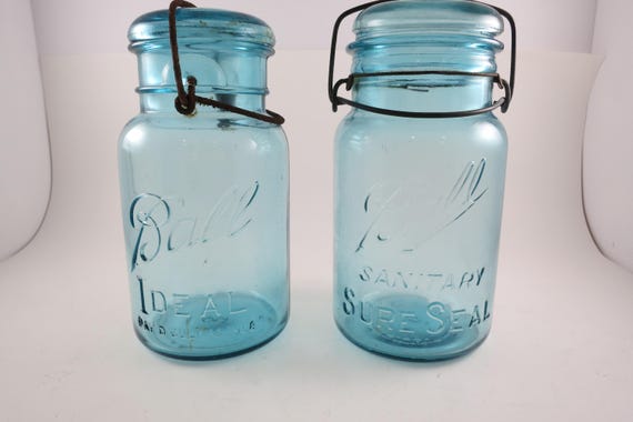 Vintage Aqua Ball Mason Jars: Wire Lid Sanitary Sure Seal, 1908 Patd Date