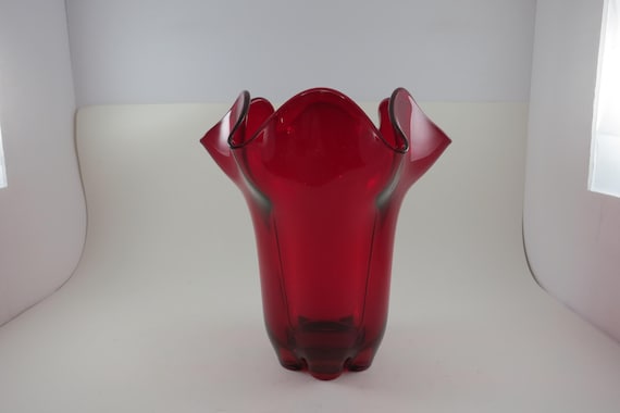 Ruby Red Ruffled Glass Vase: Large Mid-Century Modern Decor