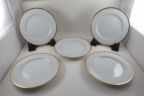Set of 5 Vintage Fitz & Floyd Porcelain Salad Plates – White Gold Trim