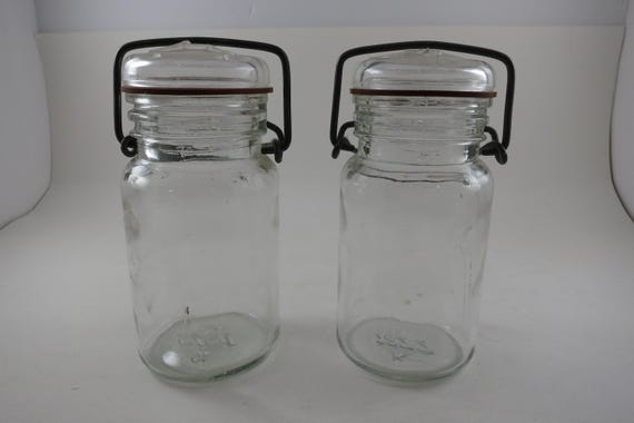 Pair of Small Vintage 5 Inch Canning Jars Glass Lids Locking Wire