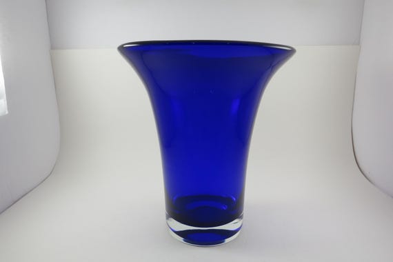 Vintage Cobalt Blue Polish Hand Blown Glass Vase Flared Rim Thick Clear Base