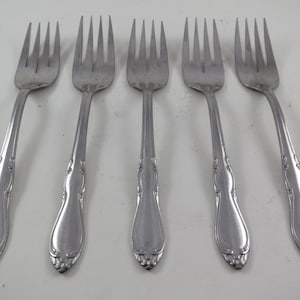 Simeon L & George H Rogers Stainless Oneida Homestead Pattern Set of Five 6 1/8 Inch Salad Forks Excellent Used Condition