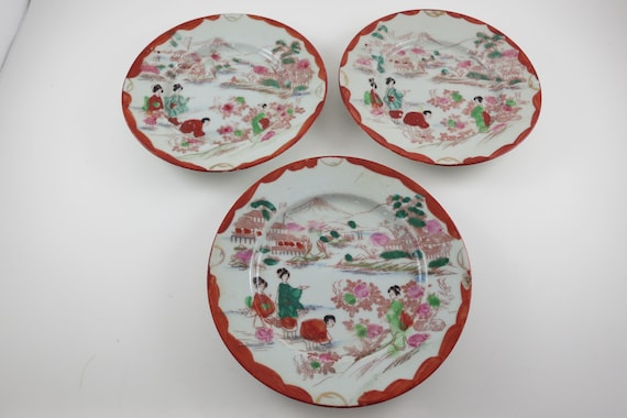 Vintage Kutani Geisha Ware Porcelain Plates - Set of 3