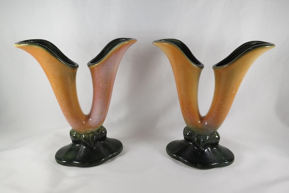 Pair of Vintage Hull Pottery Double Cornucopia Calla Lily Vases 1950's Signed #103