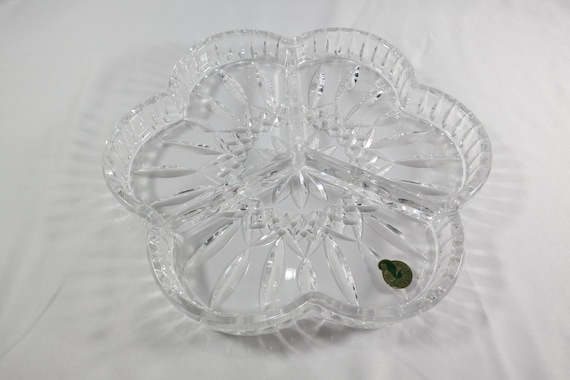 Waterford Lismore 3 Part Divided Crystal Relish Tray Clover Shaped Signed Sticker