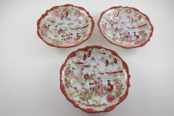 Vintage Kutani Geisha Ware Porcelain Bowls - Set of Three