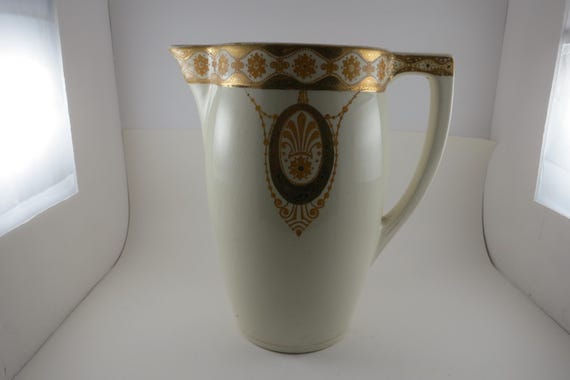 Large Porcelain Water Pitcher Hand Painted Unbranded 11 1/2 Inches Tall Victorian Style Beauty