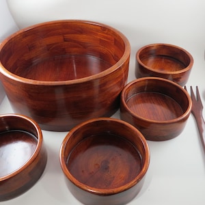 Vintage 7-Piece Wooden Salad Serving Set: Large Bowl, Fork & Spoons