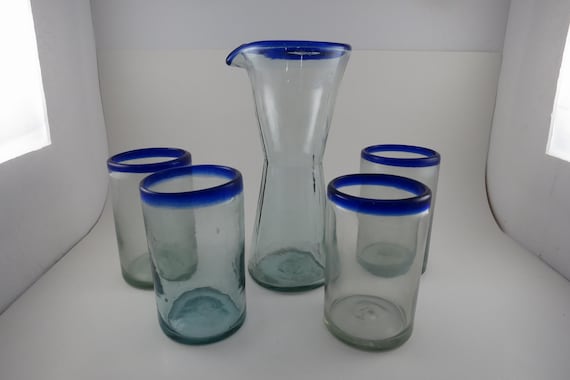 Vintage Blown Glass Cobalt Water Lemonade 5 Piece Set Carafe and 4 Cups