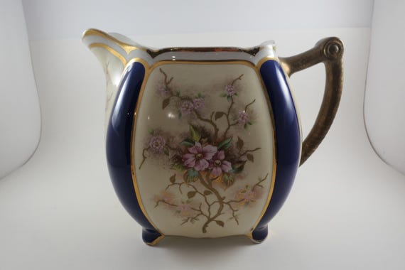 Large Vintage Square Lemonade Water Pitcher Pink Floral Tiny Feet Cobalt Gold Trim
