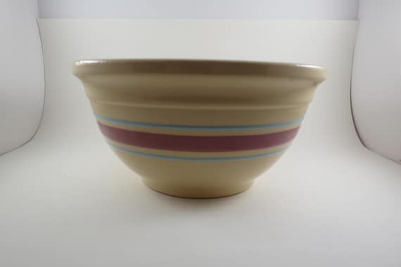 Antique Brown Pottery Mixing Bowl: Watt USA Blue & Pink Stripe, 10 Inch
