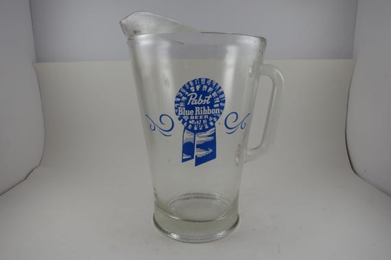 Vintage Papst Blue Ribbon PBR Beer Pitcher: Large Heavy Glass, 9 Tall