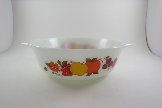 Vintage Fire King Hildi Fruit & Flower Pattern 436 1 Quart Round Casserole Double Handled Excellent Condition