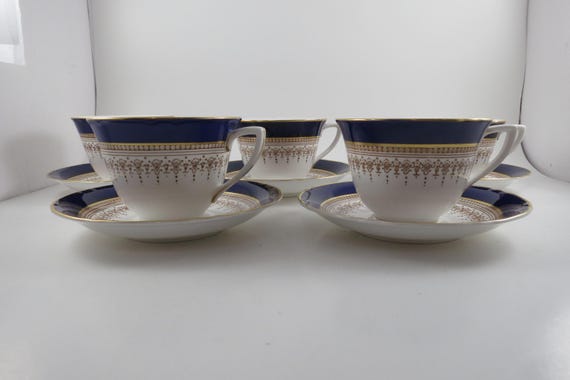 Set of 5 Royal Worcester Regency Cobalt Blue Cup Saucer Sets – Gold Trim