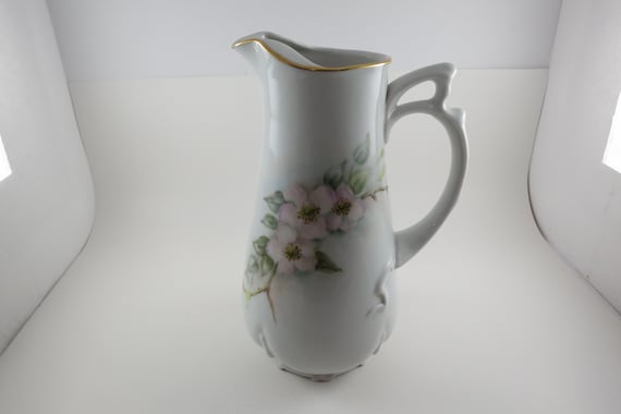 Hand Painted Porcelain Water Pitcher: Pink Roses, Gold Trim - Signed