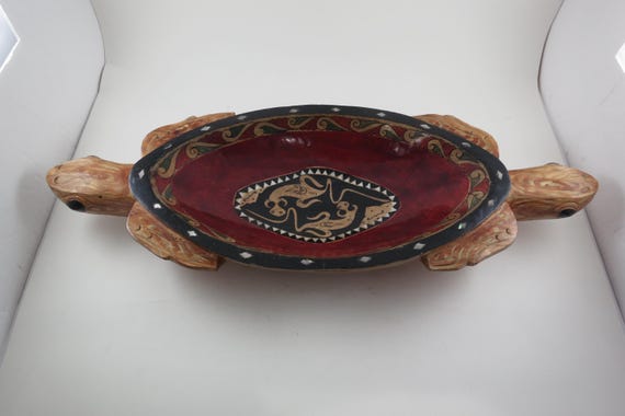 Large Solid Wood Hand Made Turtle Tortoise Bowl 20 Inches Long Detailed