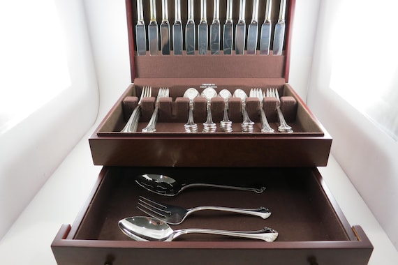 Vintage Towle Boston Chippendale 63 Piece Flatware Set in Cherry Case Complete Service for 12 Plus Serving Pieces Excellent Condition