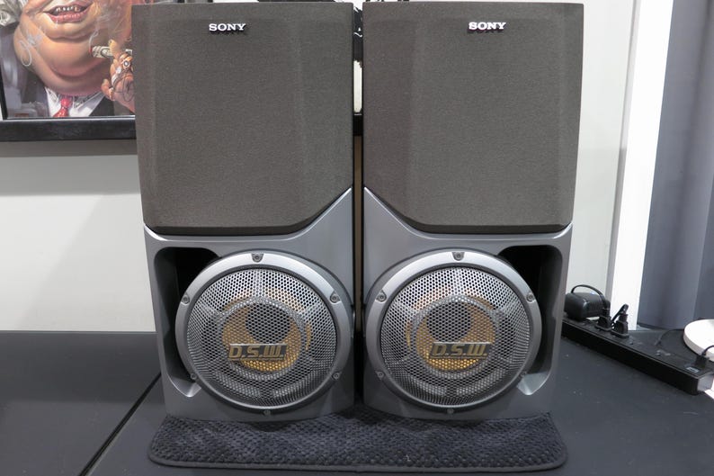 May include: Two gray Sony speakers with a silver base and mesh speaker covers. The speakers have the word "SONY" printed on the top. The speaker covers have the text "D.S.III" printed on them.