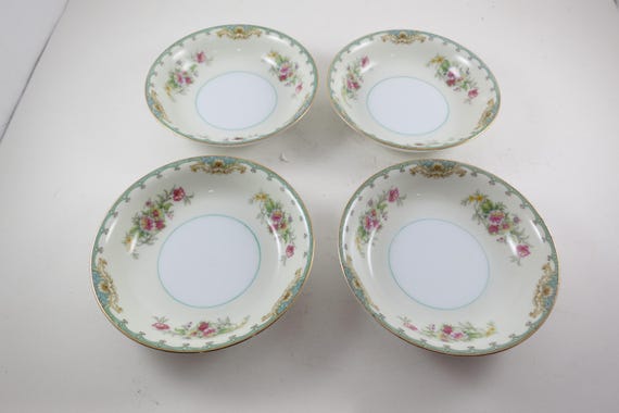 Vintage Noritake China Florola Pattern Fruit Bowls - Teal Green Floral Border, Set of 4