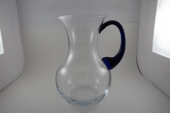 Vintage Hand Blown Water Juice Pitcher with Cobalt Blue Applied Handle