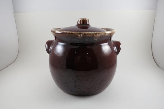 Brown Drip Double Handled Bean Pot with Original Lid