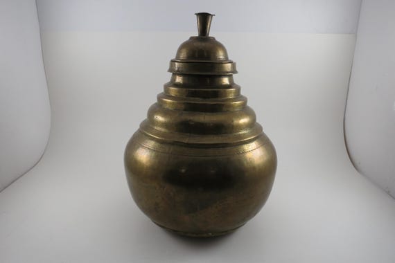 Primitive Brass Urn Temple Pot with Original Lid 8 7/8 Inches Tall